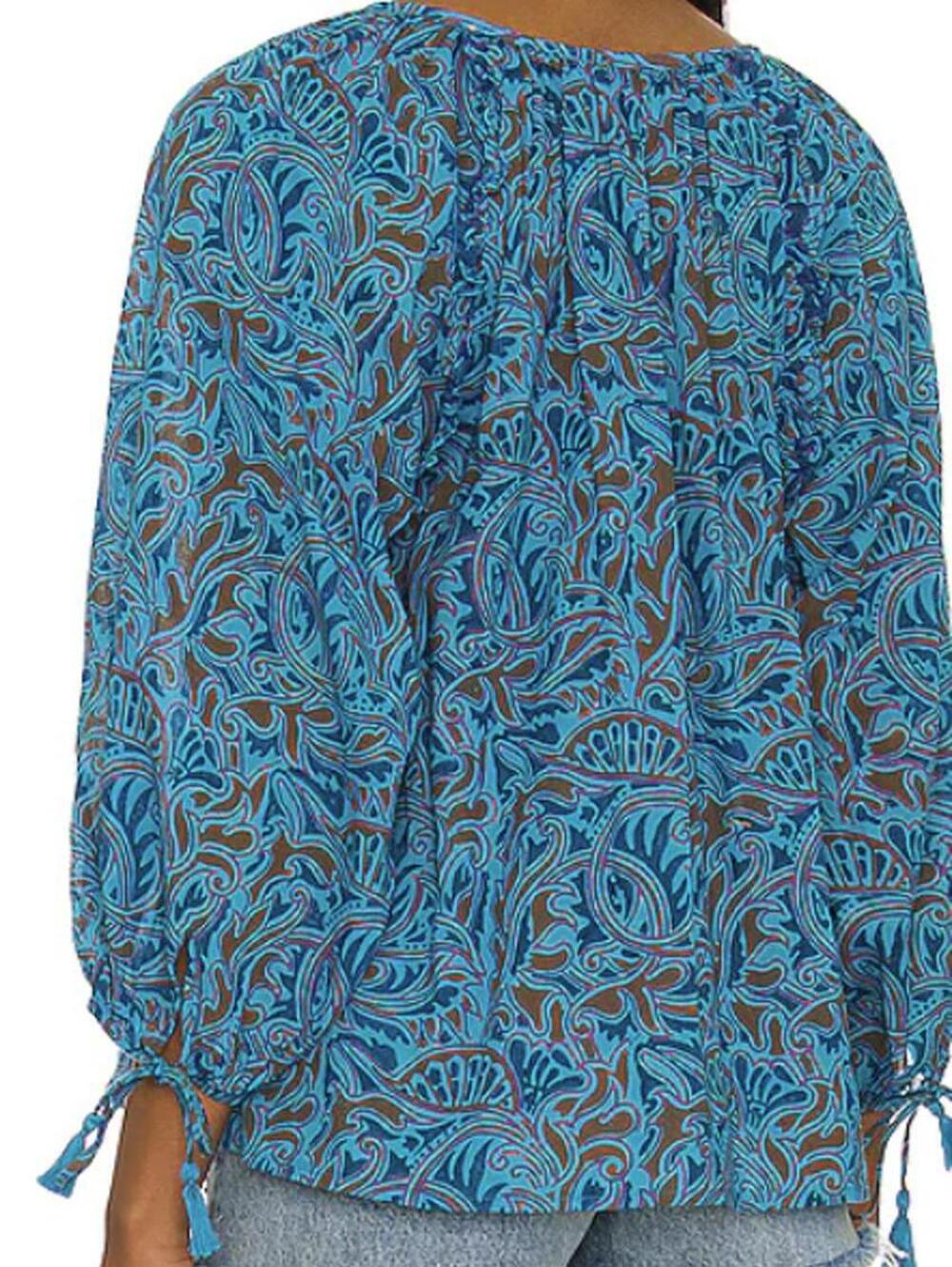 Cleobella 100% Cotton Blue Zuri Block Print Jayda Blouse - Size - Medium - Picture 4 of 10